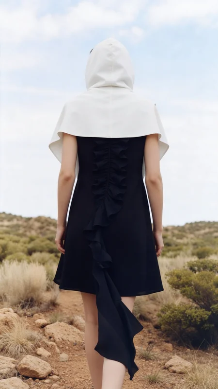 AI-generated black and white fashion editorial carousel showing a hooded woman in asymmetric desert composition with high-contrast silver-gelatin tonal quality across multiple frames variation 4