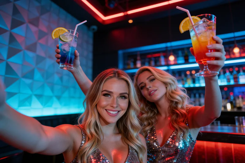 AI-generated group photo collage of women in a neon-lit bar with vivid pink and blue neon light across their faces, cocktail glasses raised, candid nightlife pose and high-energy atmosphere variation 1