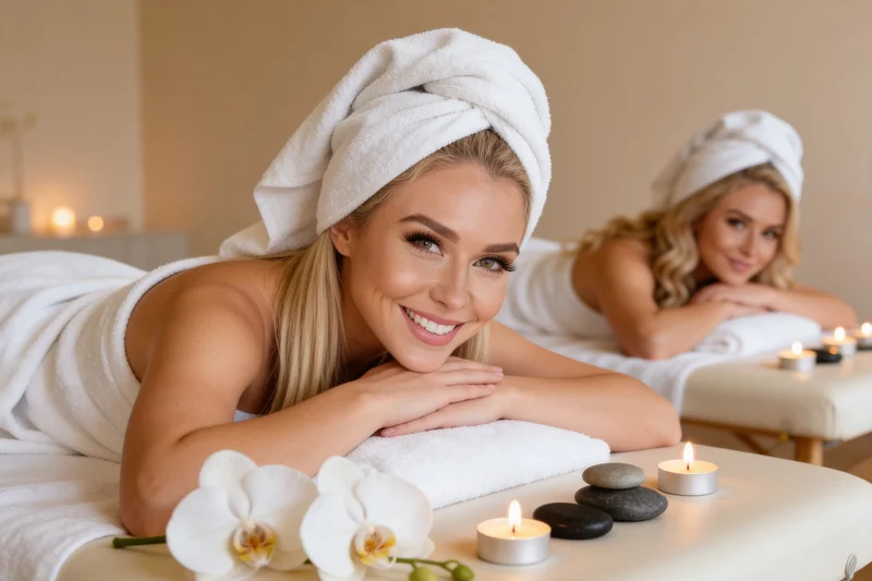AI-generated group photo collage of women in a spa setting with soft natural diffused lighting, clean neutral tones, relaxed and serene body language, and a luxurious wellness environment variation 4