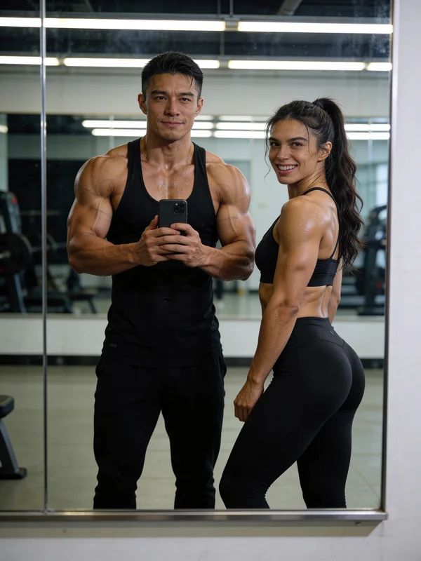 AI-generated image of an athletic couple in a gym, featuring industrial lighting, fitness equipment in the background, and dynamic, confident poses in an editorial portrait style, variation 3