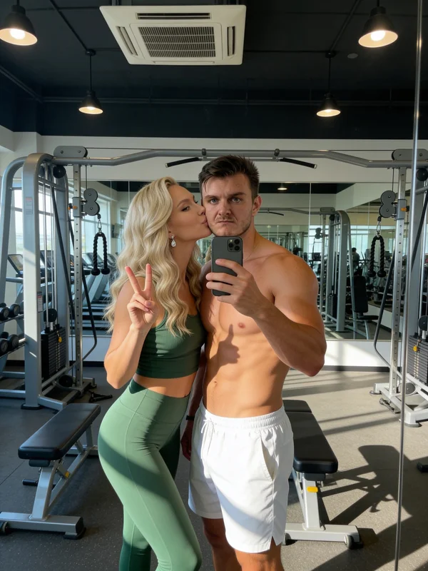 AI-generated image of a couple in a gym, sharing a kiss in a selfie pose, featuring industrial lighting, gym equipment in the background, and an elevated camera angle.