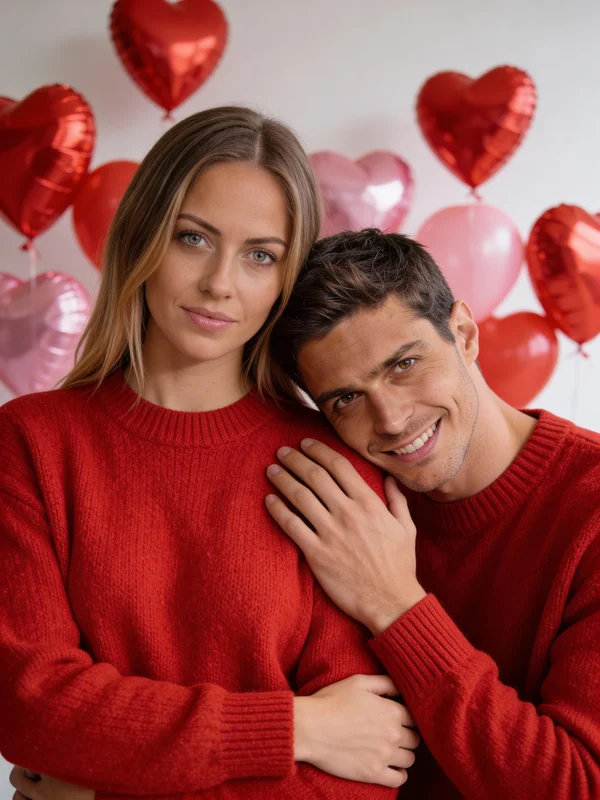 AI couple photo maker output showing a romantic Valentine's Day couple portrait in 3:4 format with warm rose and crimson tones, close intimate framing, and professional photoshoot quality lighting variation 2