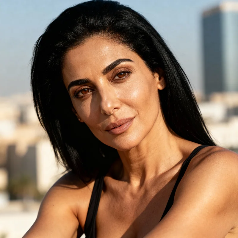 AI-generated photorealistic face of a Middle Eastern woman aged 36 to 45 with warm olive complexion, deep-set dark eyes, strong Levantine bone structure, and mature confident expression in high resolution variation 4