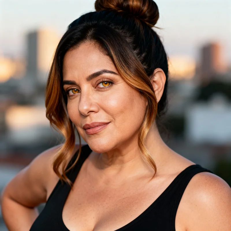 AI-generated face of a South American woman aged 36 to 45, with a friendly expression, perfect for editorial illustration.