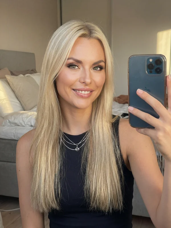 AI face swap selfie portrait showing a woman with blonde hair taking a natural arm-extended selfie with warm ambient lighting and casual relaxed expression variation 4