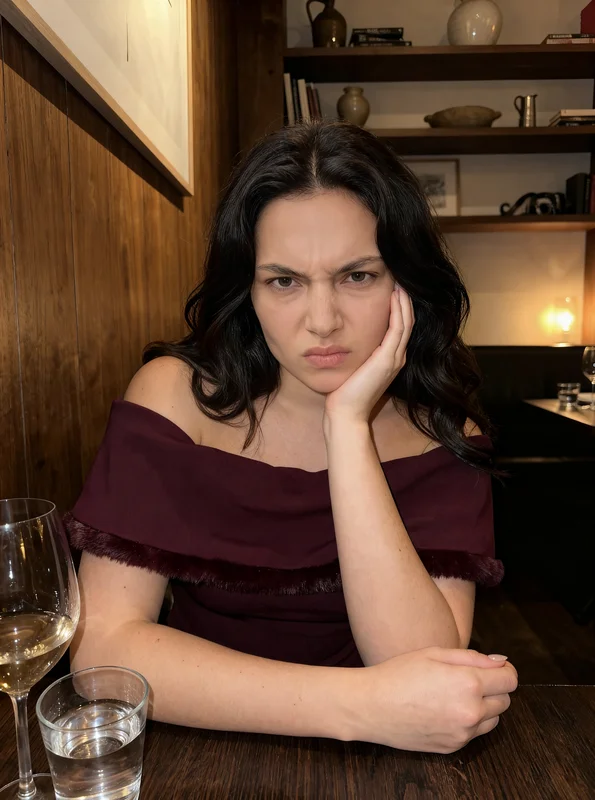 AI face swap result showing a woman's face placed into a scene of an unhappy date at a restaurant table with a resigned expression and blurred background suggesting a date companion variation 1