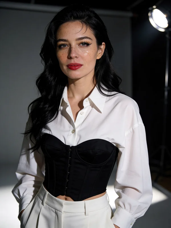 AI-generated before-and-after showing a casual outfit photo transformed into a high-fashion editorial portrait using a free AI image editor variation 2