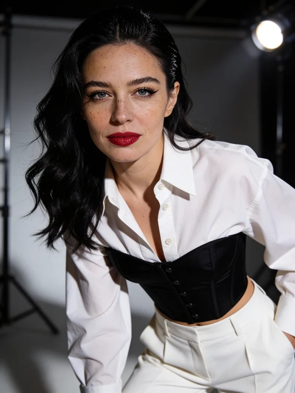 AI-generated before-and-after showing a casual outfit photo transformed into a high-fashion editorial portrait using a free AI image editor variation 3