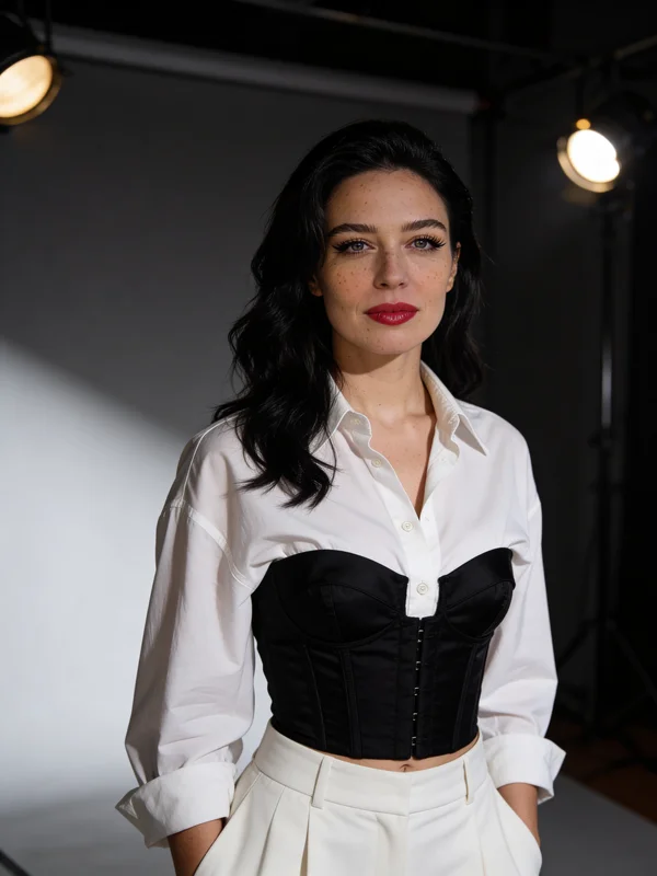 AI-generated before-and-after showing a casual outfit photo transformed into a high-fashion editorial portrait using a free AI image editor variation 4