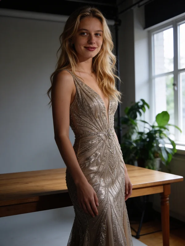 AI-generated portrait of a woman in a golden beaded evening gown, featuring dramatic studio lighting and an elegant editorial background