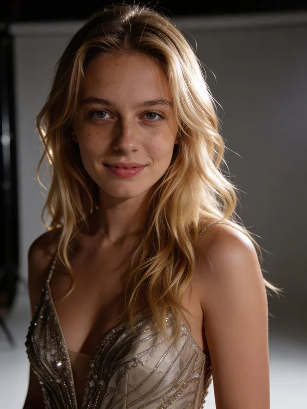AI-generated portrait of a woman wearing a gold beaded evening gown with studio glamour lighting and a fashion-editorial background variation 2