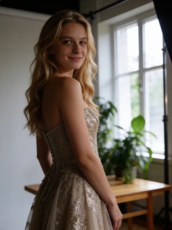 AI-generated portrait of a woman wearing a gold beaded evening gown with studio glamour lighting and a fashion-editorial background variation 4