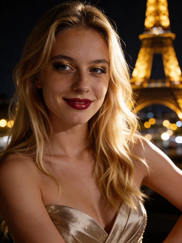 AI-generated portrait of a woman wearing an elegant golden evening gown posing in front of the illuminated Eiffel Tower at night in Paris variation 4