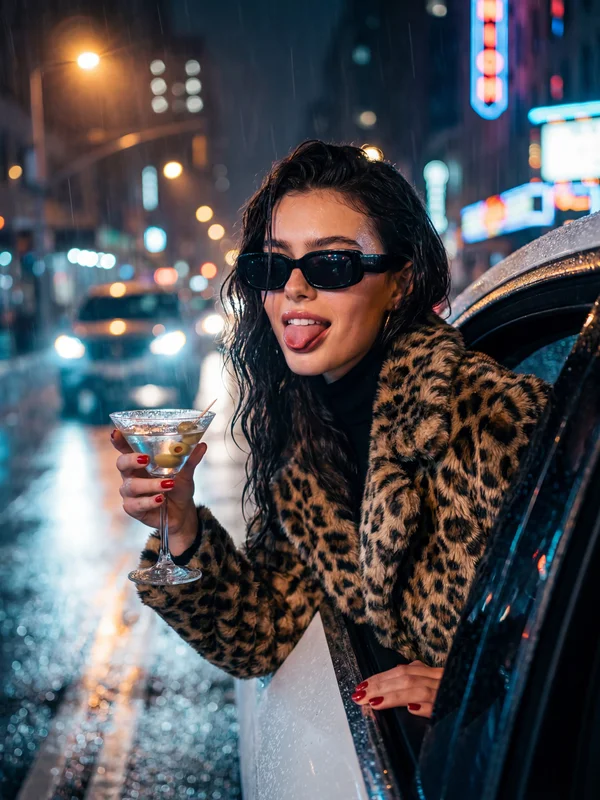 AI-generated cinematic portrait of a glamorous woman leaning from a luxury car on a rainy night city street with neon light reflections on wet pavement, created with a free AI image editor