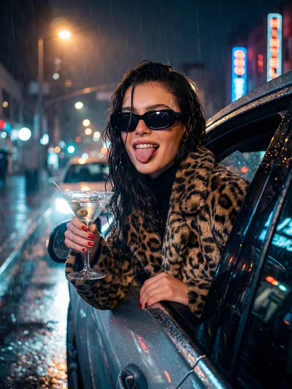 AI-generated cinematic portrait of a glamorous woman leaning from a luxury car on a rainy night city street with neon light reflections on wet pavement, created with a free AI image editor variation 2