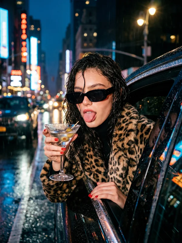 AI-generated cinematic portrait of a glamorous woman leaning from a luxury car on a rainy night city street with neon light reflections on wet pavement, created with a free AI image editor variation 3