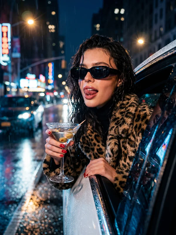 AI-generated cinematic portrait of a glamorous woman leaning from a luxury car on a rainy night city street with neon light reflections on wet pavement, created with a free AI image editor variation 4