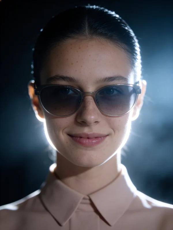 AI-generated studio fashion portrait of a woman wearing designer sunglasses with professional directional lighting and elegant clean background created with a free AI photo editor variation 1