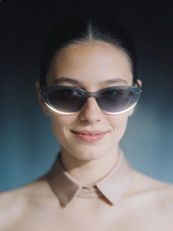 AI-generated studio fashion portrait of a woman wearing designer sunglasses with professional directional lighting and elegant clean background created with a free AI photo editor variation 2