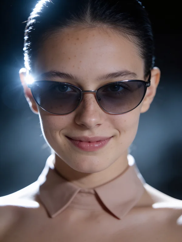 AI-generated studio fashion portrait of a woman wearing designer sunglasses with professional directional lighting and elegant clean background created with a free AI photo editor variation 3