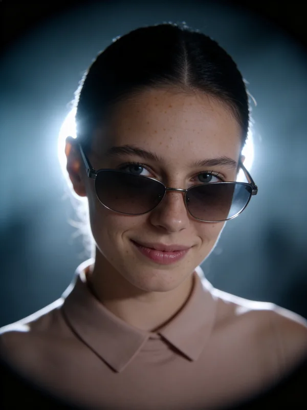 AI-generated studio fashion portrait of a woman wearing designer sunglasses with professional directional lighting and elegant clean background created with a free AI photo editor variation 4