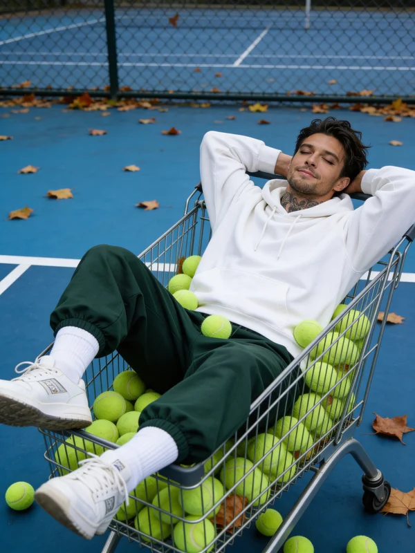 AI-generated cinematic portrait of a relaxed man sitting in a supermarket shopping cart in casual streetwear with warm fluorescent lighting and a chill confident expression variation 1