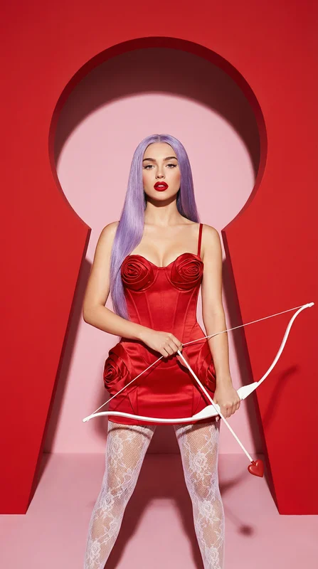 AI-generated Valentine's Cupid cosplay portrait, variation 2, showcasing a woman in red satin, holding an arrow