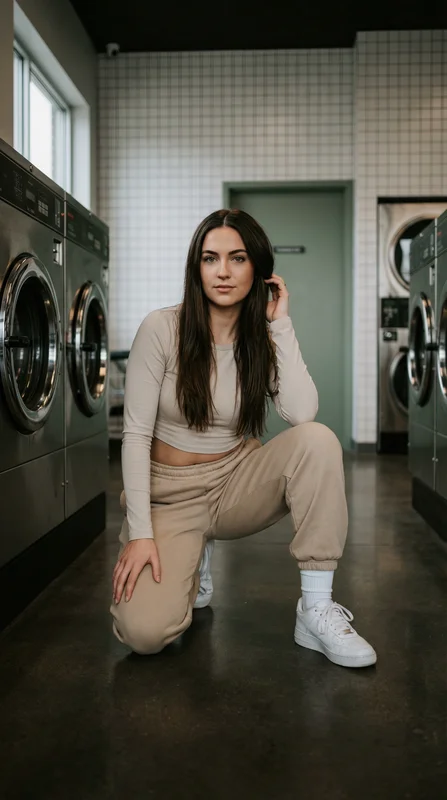 AI-generated casual lifestyle portrait of a young woman leaning against a washing machine in a warm laundry room with ambient overhead lighting and laundromat background detail variation 2