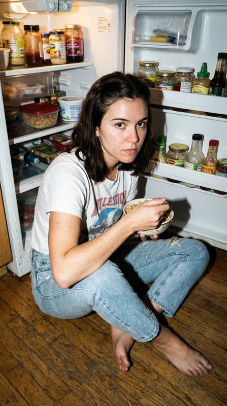 AI-generated cinematic midnight kitchen scene of a person caught in a fridge raid, illuminated only by the blue-white glow of an open refrigerator in a dark kitchen