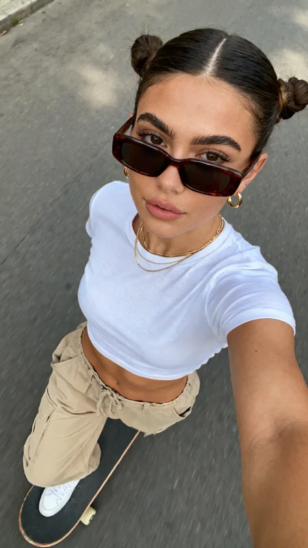 AI-generated selfie-style portrait of a girl holding a skateboard on an urban street with skate culture styling and confident street energy variation 4