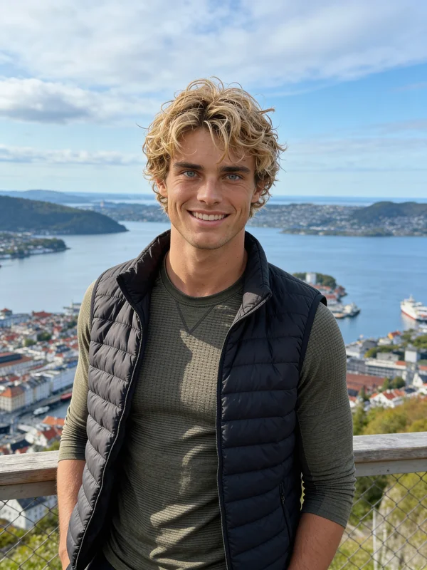 AI-generated male portrait of a happy traveler with an open, relaxed expression and a scenic destination landmark or landscape backdrop in natural daylight variation 1