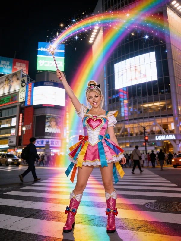 AI-generated magical girl portrait of a woman in a colorful costume raising a glowing magic wand with a rainbow spell trail against the illuminated Shibuya crossing at night in Tokyo