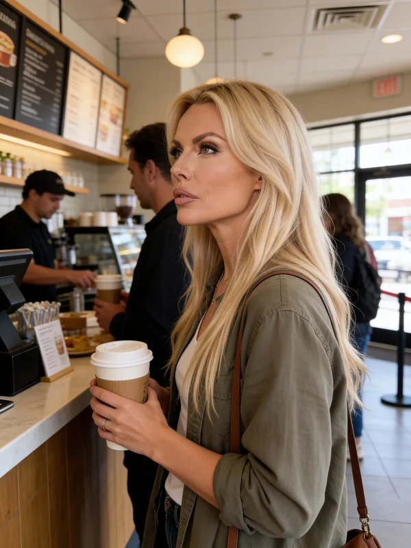 AI-generated lifestyle portrait of a woman waiting in line at a cozy cafe dressed in a casual coffee run outfit with warm ambient indoor lighting variation 3