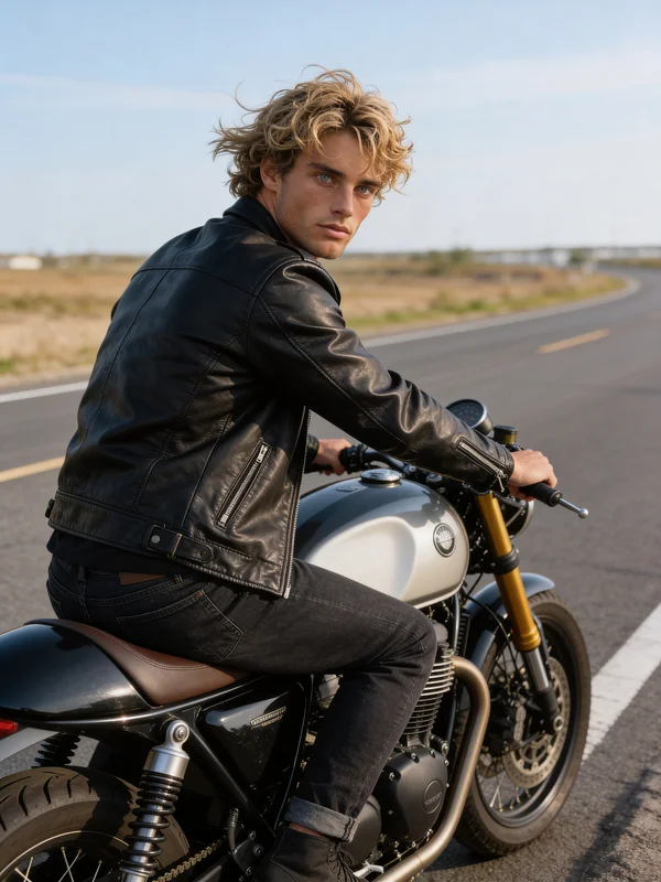 AI-generated male portrait of a man straddling a café-racer motorcycle in a black leather jacket and dark jeans on an open road at golden hour variation 4