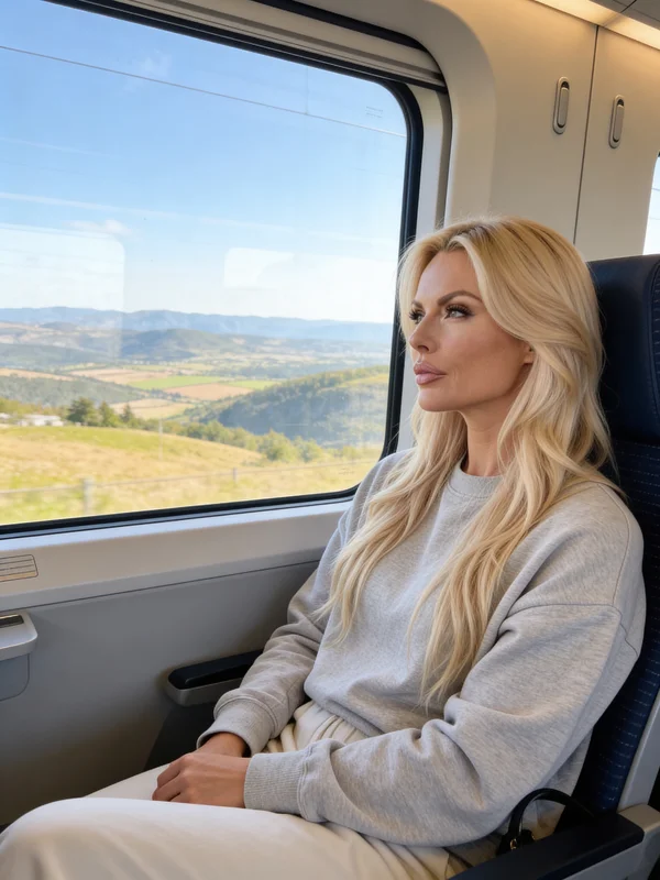 AI-generated travel portrait of a woman sitting at a train window seat with a sweeping countryside landscape visible through the glass and soft natural daylight lighting variation 1
