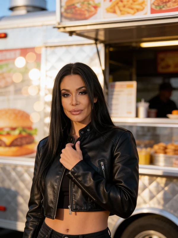 AI-generated street style portrait of a person in a leather jacket against a gritty urban backdrop with directional street lighting variation 2