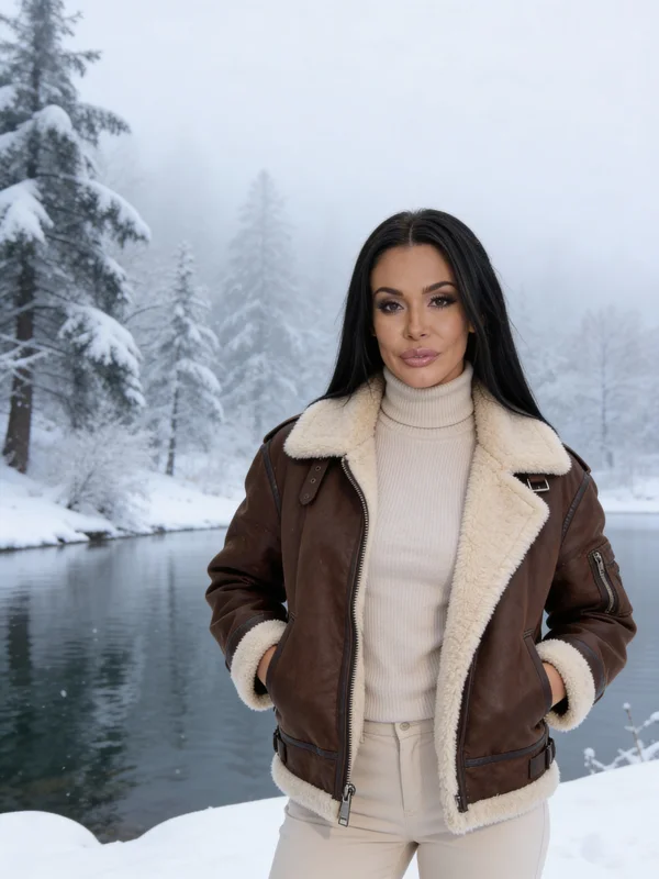 AI-generated winter outdoor portrait of a person standing in a snow-covered landscape with soft natural light and frosted trees in the background variation 2