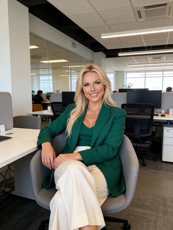 AI-generated professional headshot of a woman in business attire in a naturally lit office environment with soft window light, neutral architectural background in soft focus, and a composed, authoritative expression variation 4