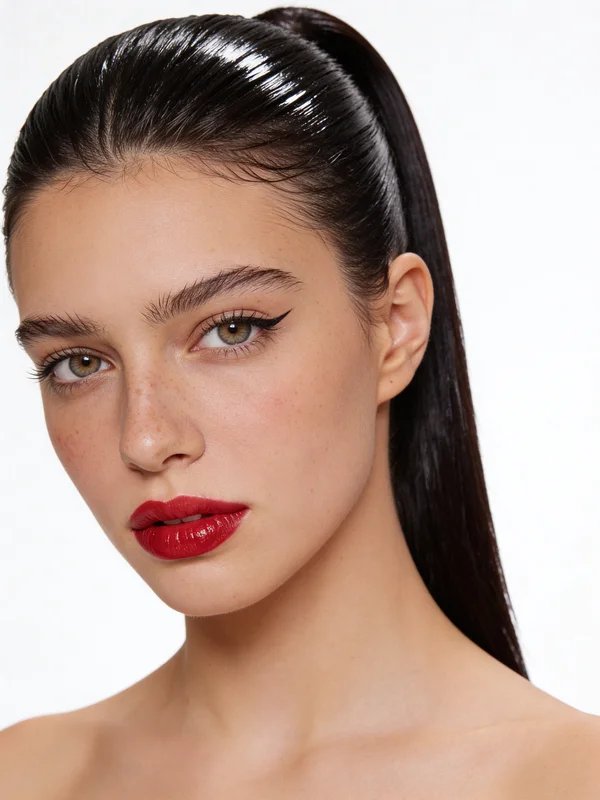 Three-quarter AI beauty portrait with polished makeup and glossy dark ponytail