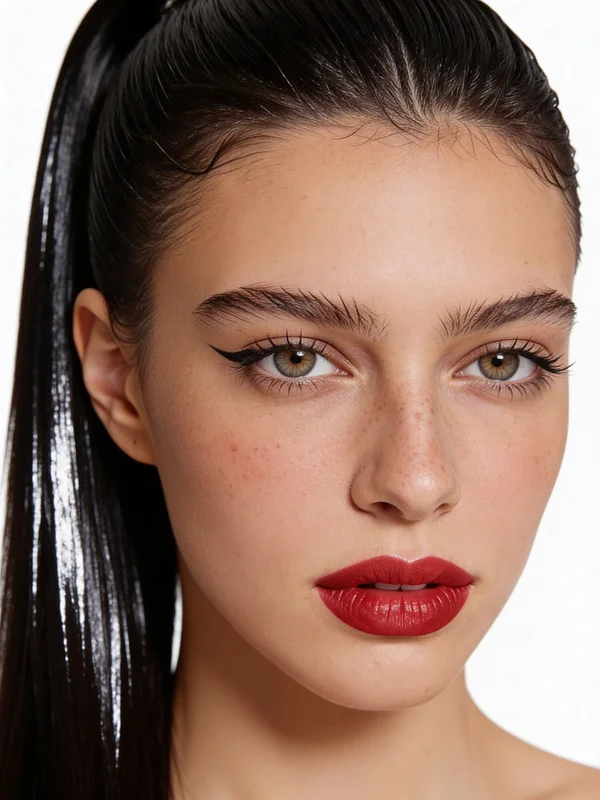 Close-up AI makeup portrait preserving freckles, lashes, and lip texture