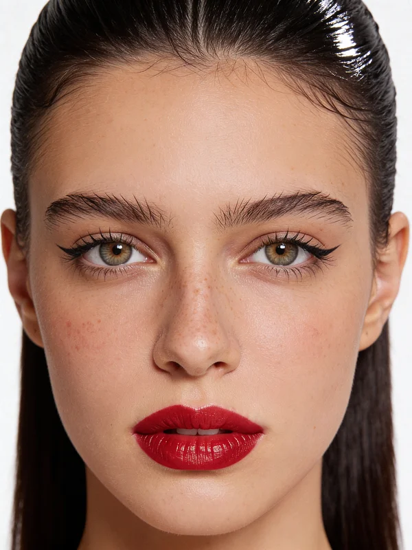 Front-facing AI beauty portrait with symmetrical composition and polished makeup